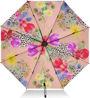 Compact Umbrella, Umbrella for Rain and Wind, Automatic Open/close, Compact Size for Women Backpacks/Handbags, Vibrant Colorful Flowers Leopard Print
