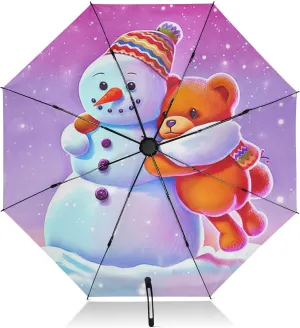 Compact Umbrella, Windproof Umbrella, Automatic Open/close, Compact Size for Women Backpacks/Handbags, Cute Snowman Bear Pink