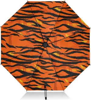 Compact Umbrella, Windproof Umbrella, Automatic Open/close, Compact Size for Women Backpacks/Handbags, Tiger Print Orange Black