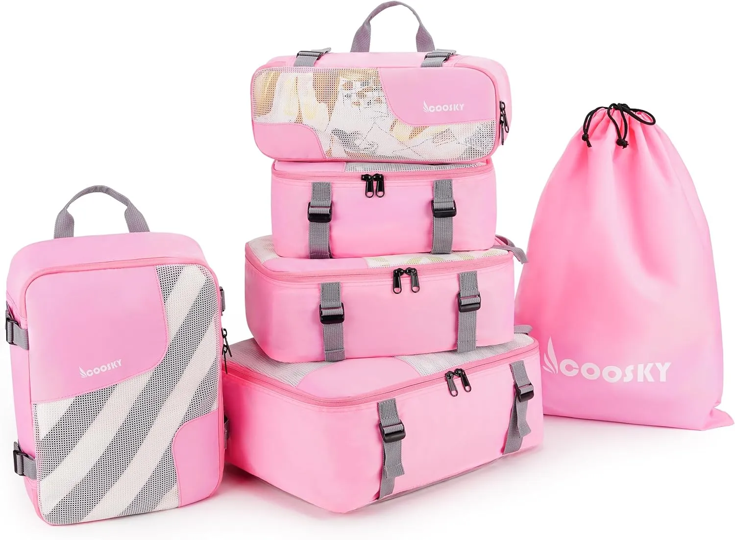 Compression Packing Cubes for Suitcases, COOSKY 6 Set Transparent Clothes Organizer for Travel Essentials, Expandable Storage Bags in Luggage, Carry on Size Travel Accessories for Women/Men, Pink
