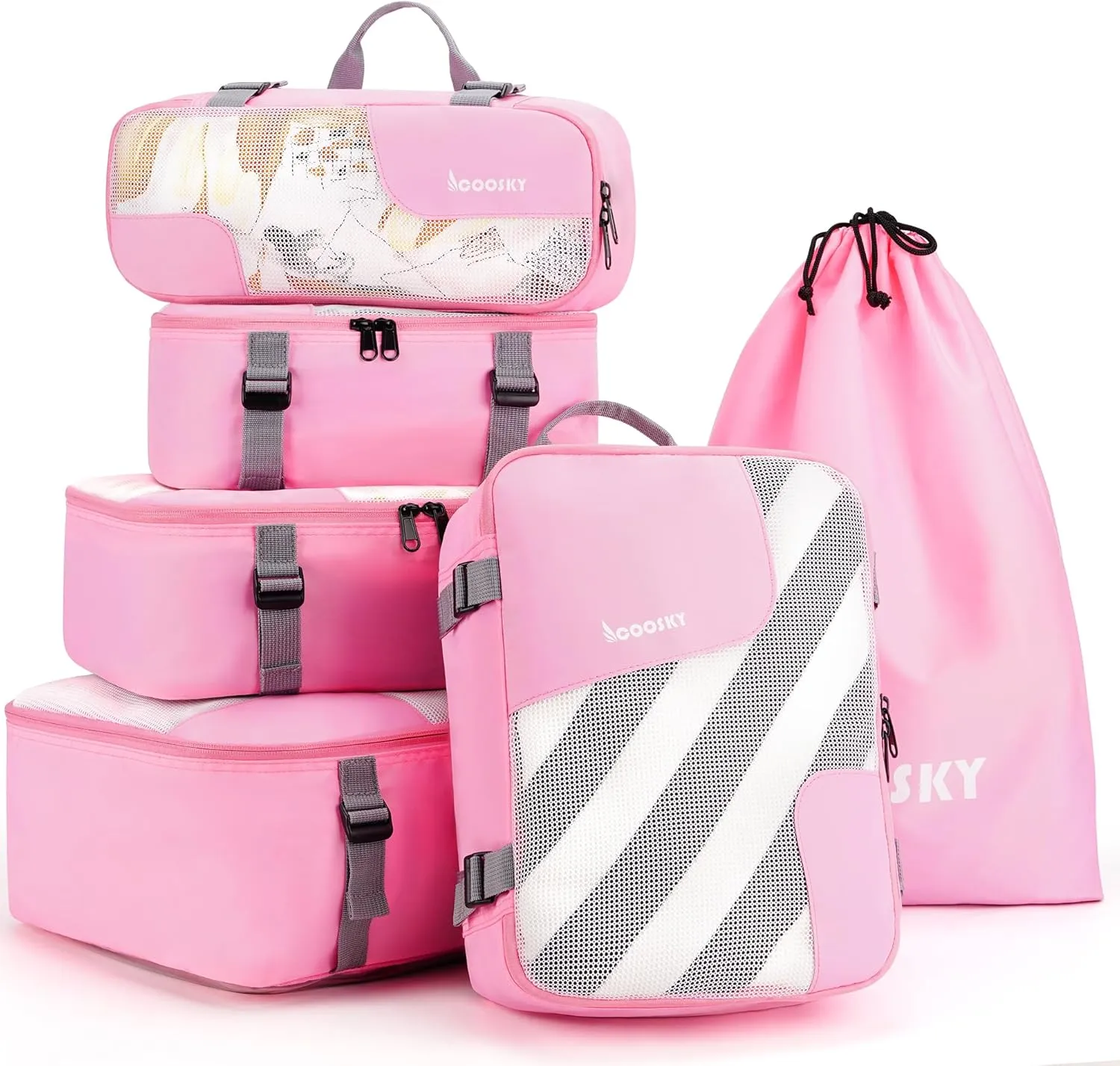 Compression Packing Cubes for Suitcases, COOSKY 6 Set Transparent Clothes Organizer for Travel Essentials, Expandable Storage Bags in Luggage, Carry on Size Travel Accessories for Women/Men, Pink