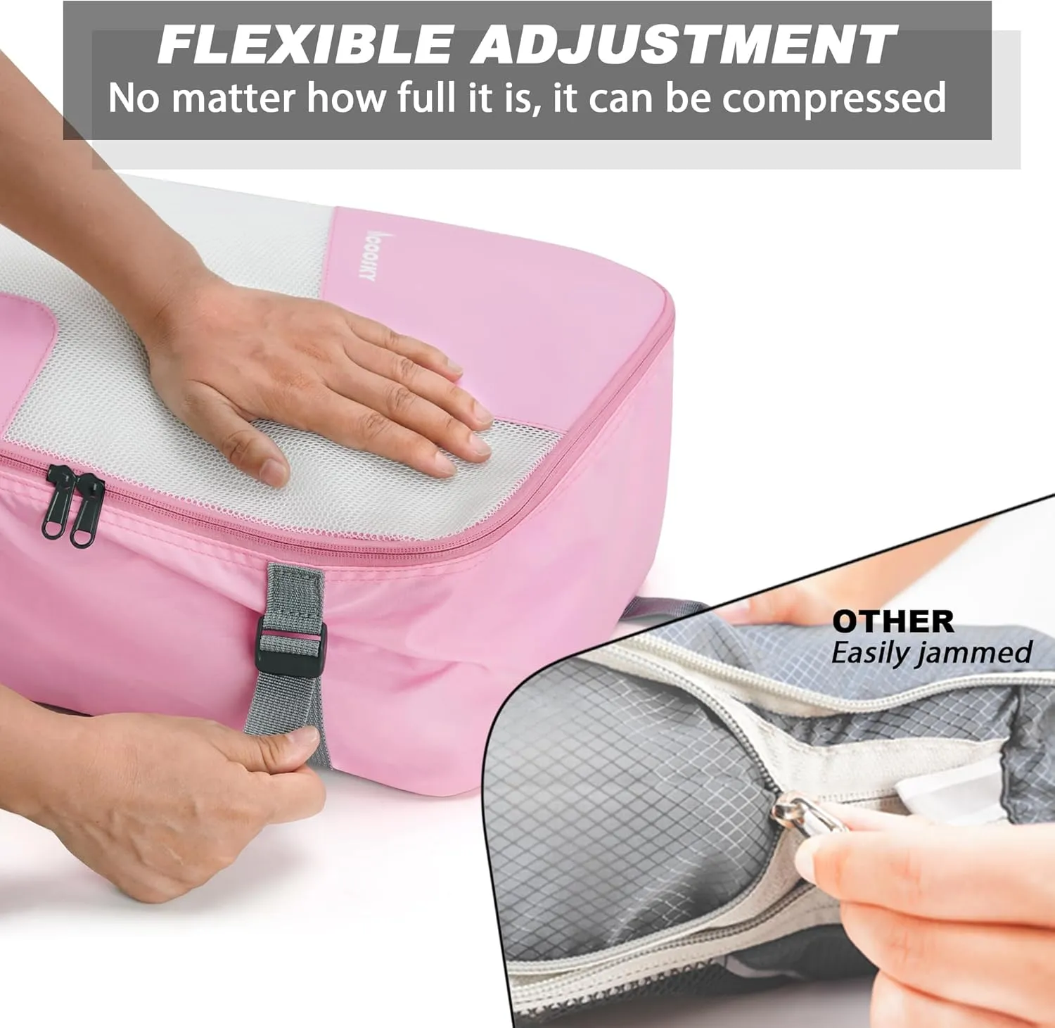 Compression Packing Cubes for Suitcases, COOSKY 6 Set Transparent Clothes Organizer for Travel Essentials, Expandable Storage Bags in Luggage, Carry on Size Travel Accessories for Women/Men, Pink