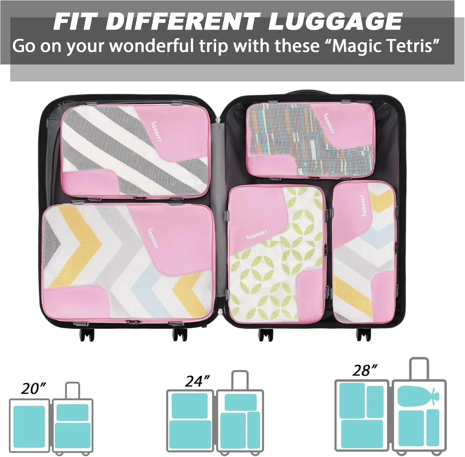 Compression Packing Cubes for Suitcases, COOSKY 6 Set Transparent Clothes Organizer for Travel Essentials, Expandable Storage Bags in Luggage, Carry on Size Travel Accessories for Women/Men, Pink