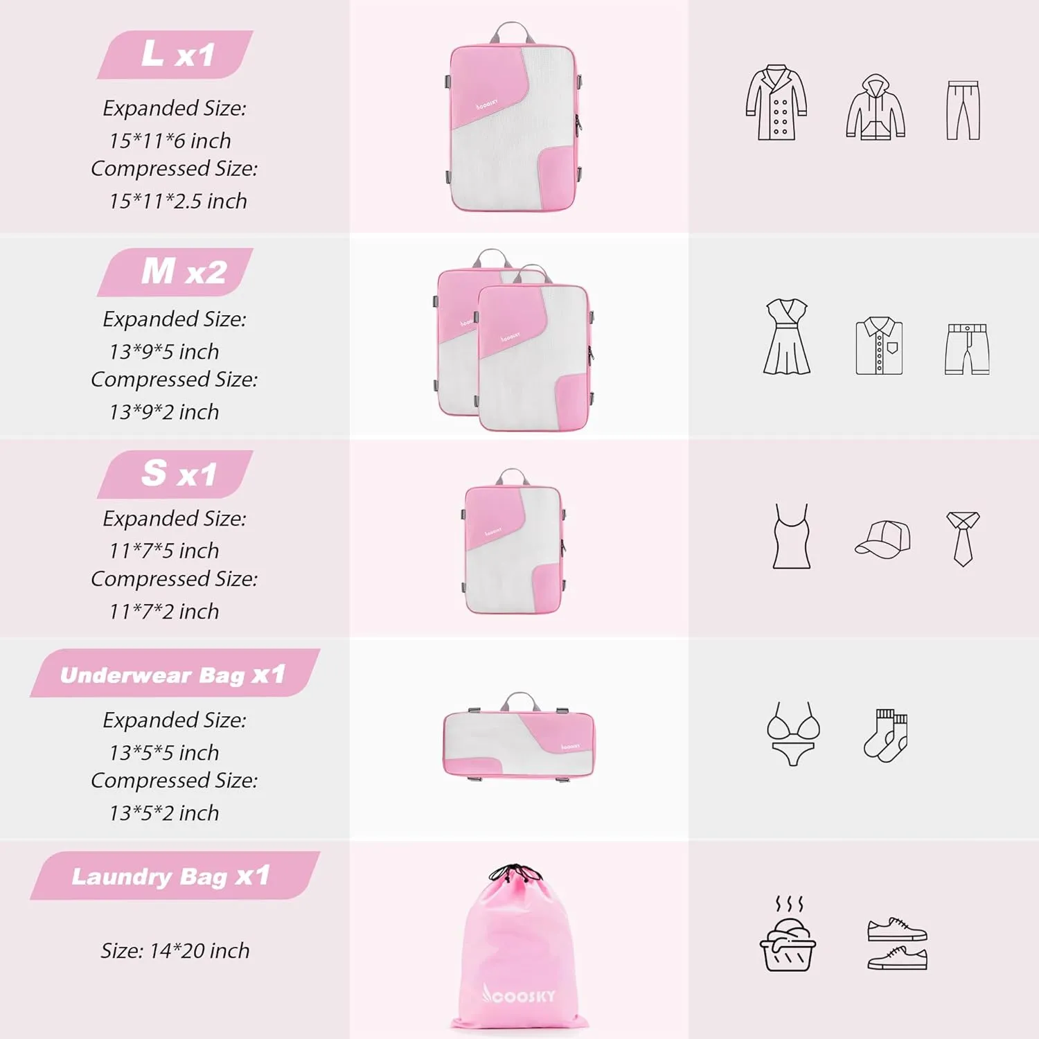 Compression Packing Cubes for Suitcases, COOSKY 6 Set Transparent Clothes Organizer for Travel Essentials, Expandable Storage Bags in Luggage, Carry on Size Travel Accessories for Women/Men, Pink