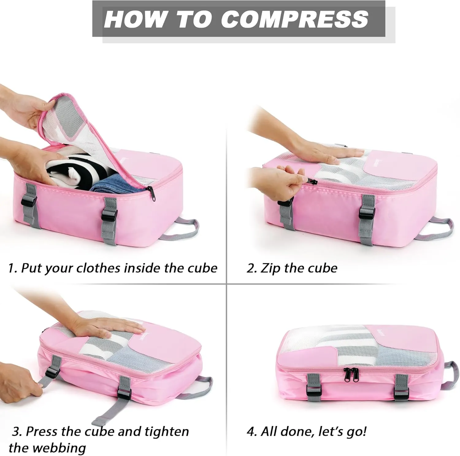 Compression Packing Cubes for Suitcases, COOSKY 6 Set Transparent Clothes Organizer for Travel Essentials, Expandable Storage Bags in Luggage, Carry on Size Travel Accessories for Women/Men, Pink