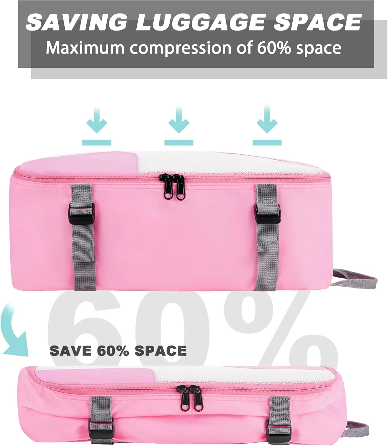 Compression Packing Cubes for Suitcases, COOSKY 6 Set Transparent Clothes Organizer for Travel Essentials, Expandable Storage Bags in Luggage, Carry on Size Travel Accessories for Women/Men, Pink