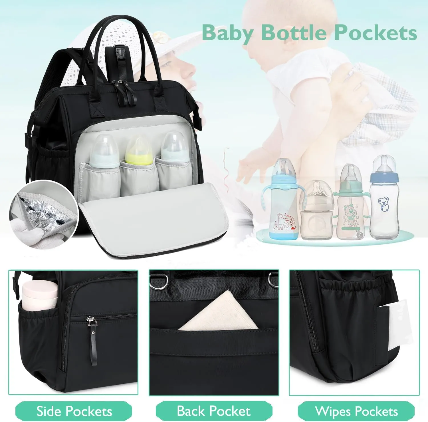 Convertible Diaper Bag Tote, Wide Open Top 14 Pockets Nappy Changing Backpack with Stroller Buckle, Water-resistant (Black-gold)