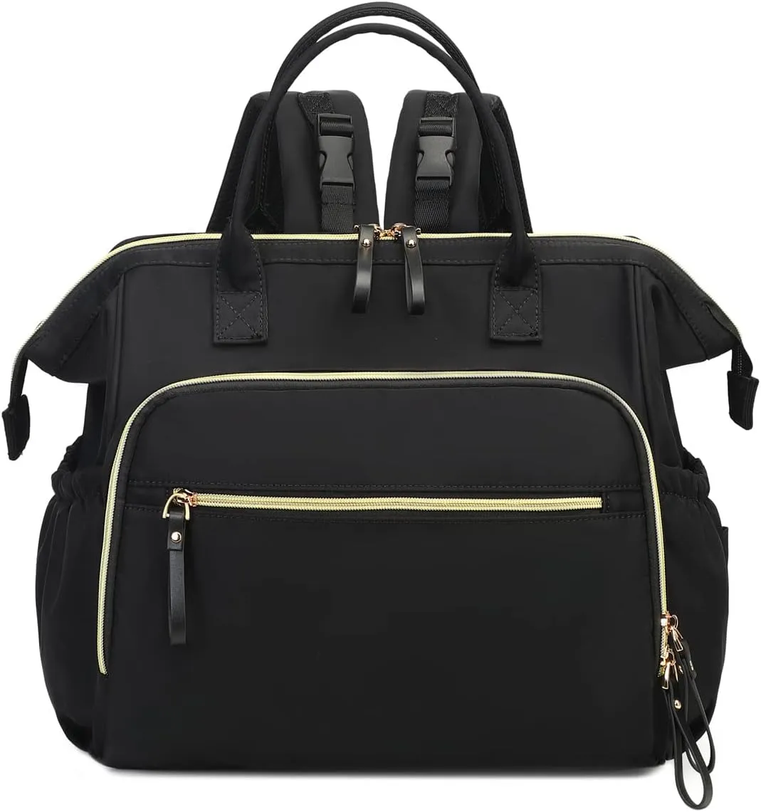 Convertible Diaper Bag Tote, Wide Open Top 14 Pockets Nappy Changing Backpack with Stroller Buckle, Water-resistant (Black-gold)