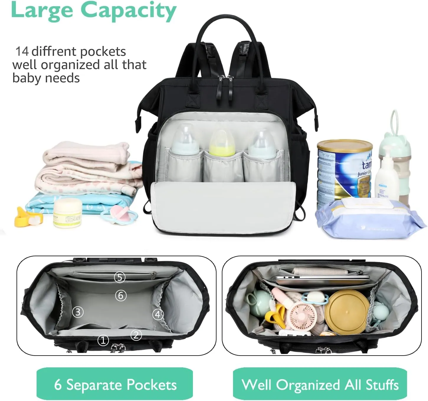 Convertible Diaper Bag Tote, Wide Open Top 14 Pockets Nappy Changing Backpack with Stroller Buckle, Water-resistant (Black-gold)
