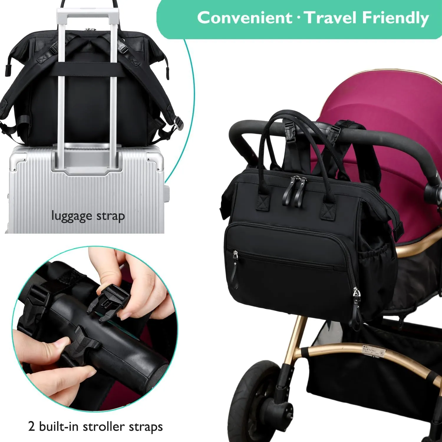 Convertible Diaper Bag Tote, Wide Open Top 14 Pockets Nappy Changing Backpack with Stroller Buckle, Water-resistant (Black-gold)