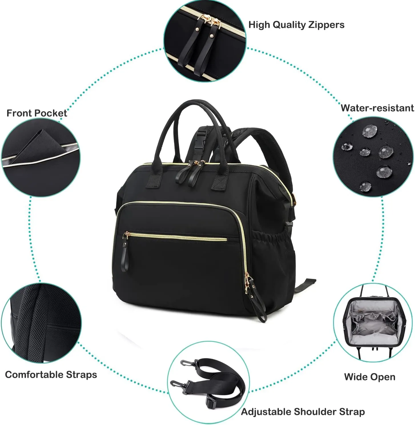 Convertible Diaper Bag Tote, Wide Open Top 14 Pockets Nappy Changing Backpack with Stroller Buckle, Water-resistant (Black-gold)