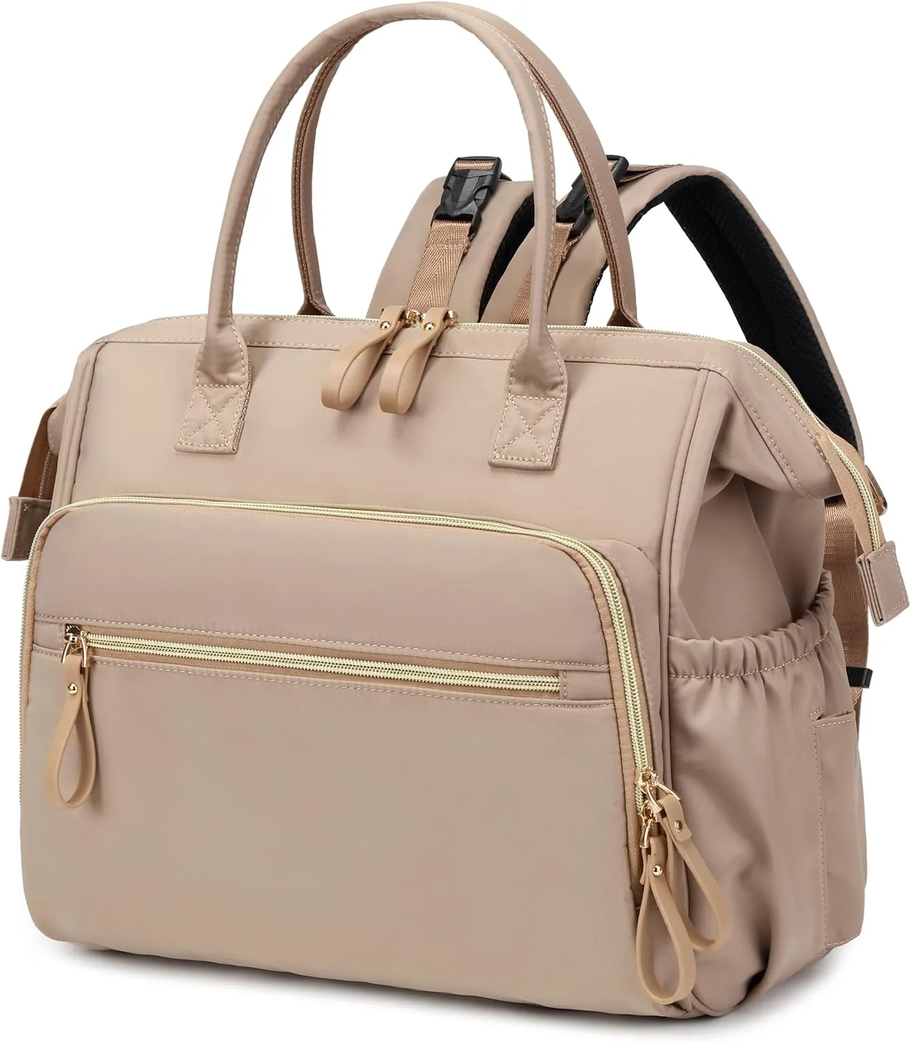 Convertible Diaper Bag Tote, Wide Open Top 14 Pockets Nappy Changing Backpack with Stroller Buckle, Water-resistant (Light Mocha Mousse)