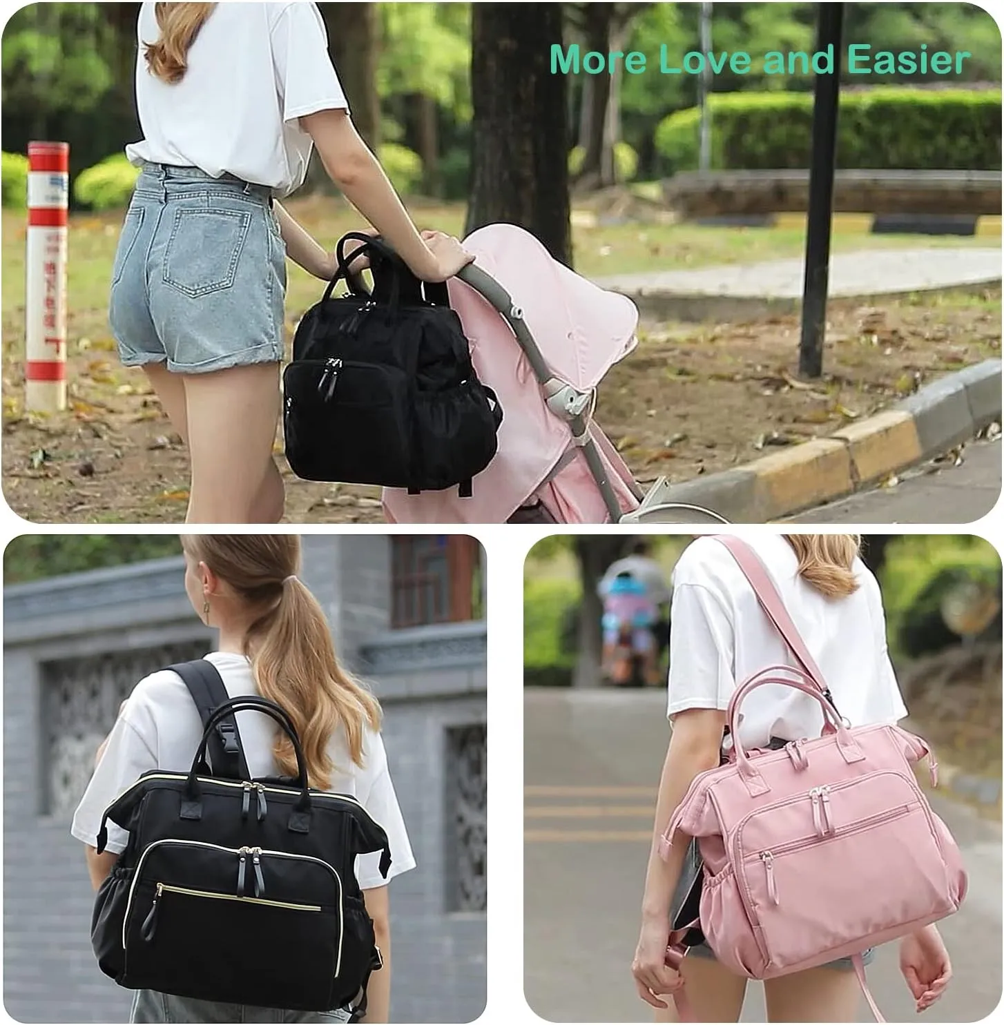Convertible Diaper Bag Tote, Wide Open Top 14 Pockets Nappy Changing Backpack with Stroller Buckle, Water-resistant (Light Mocha Mousse)