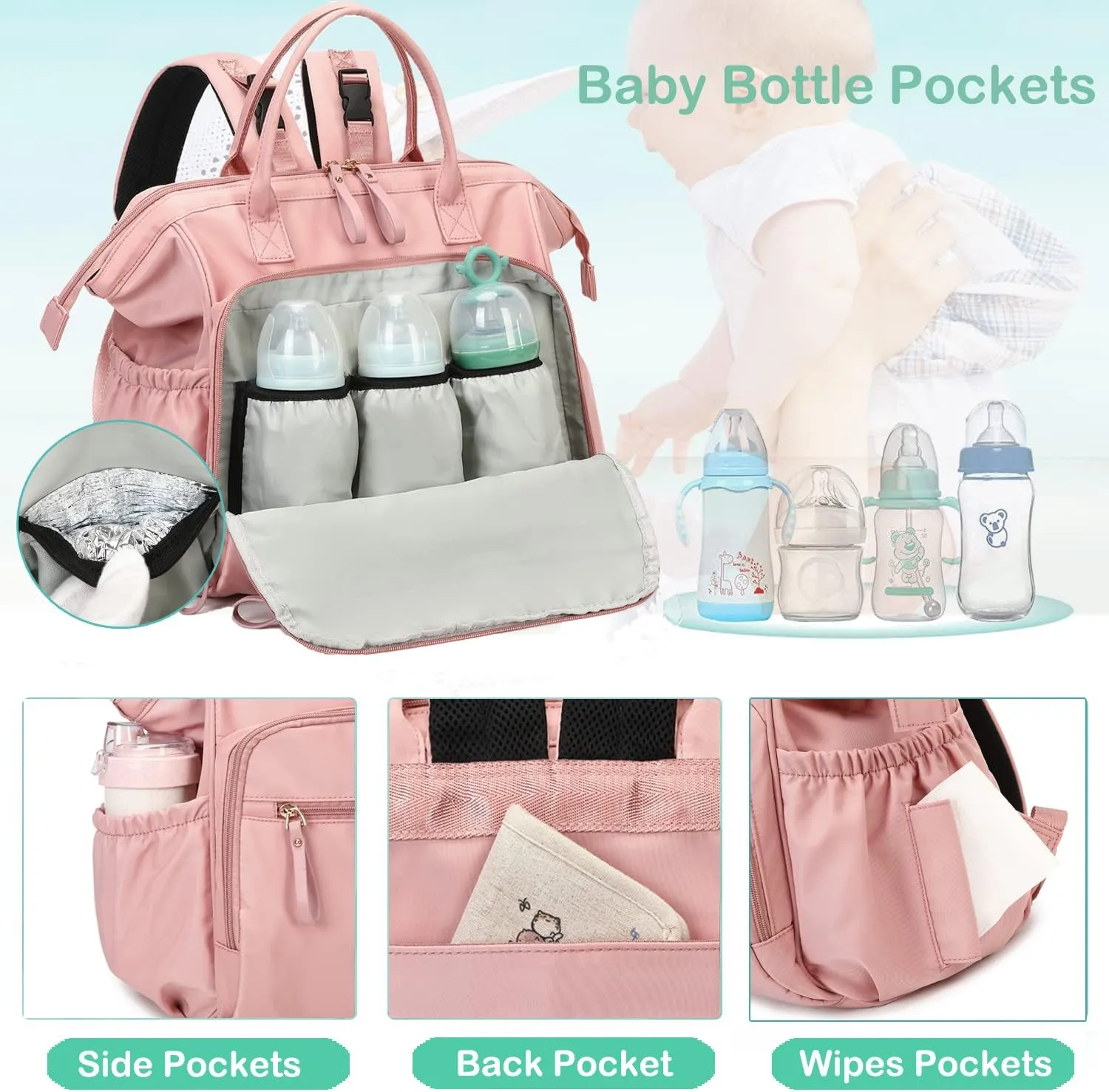 Convertible Diaper Bag Tote, Wide Open Top 14 Pockets Nappy Changing Backpack with Stroller Buckle, Water-resistant (Light Mocha Mousse)