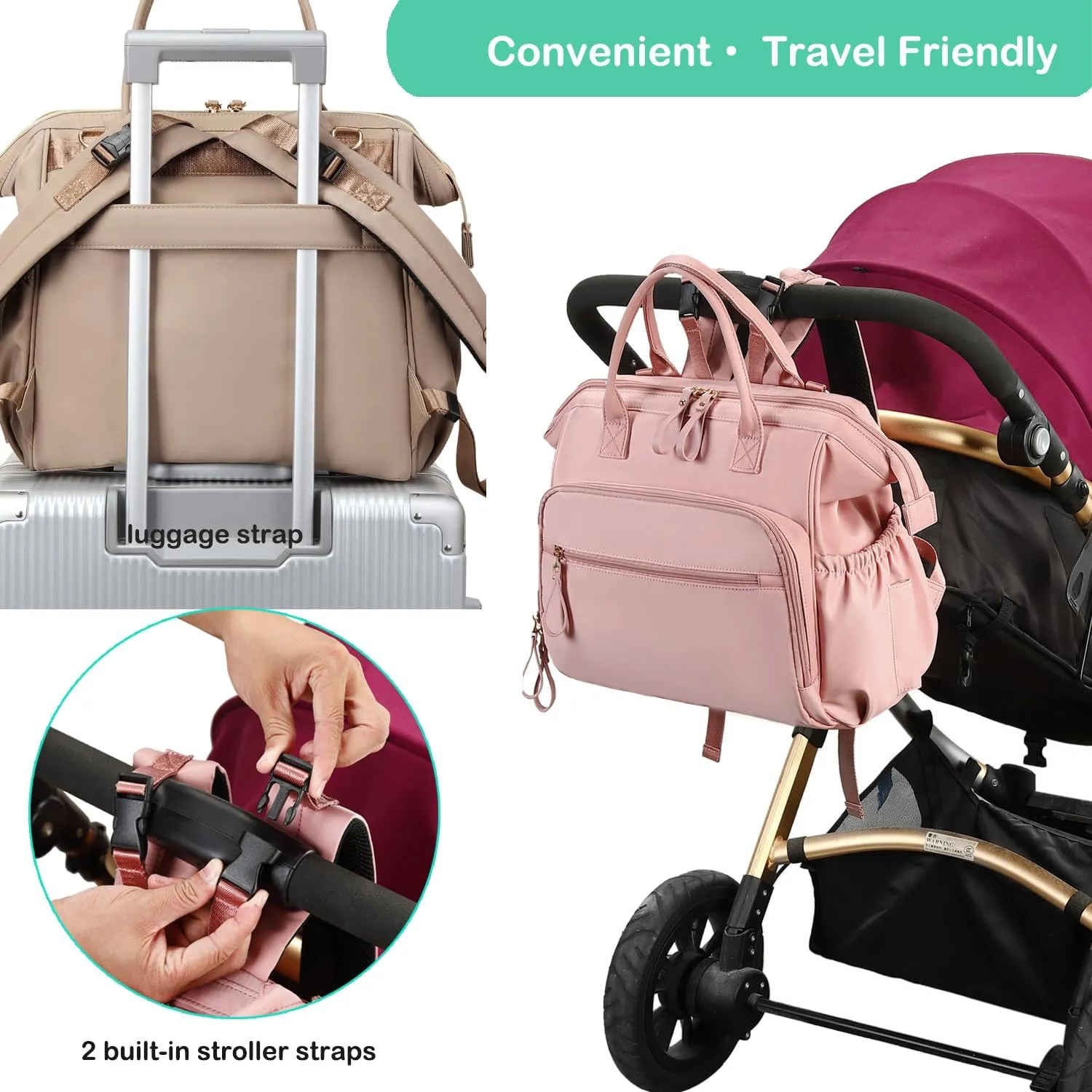 Convertible Diaper Bag Tote, Wide Open Top 14 Pockets Nappy Changing Backpack with Stroller Buckle, Water-resistant (Light Mocha Mousse)