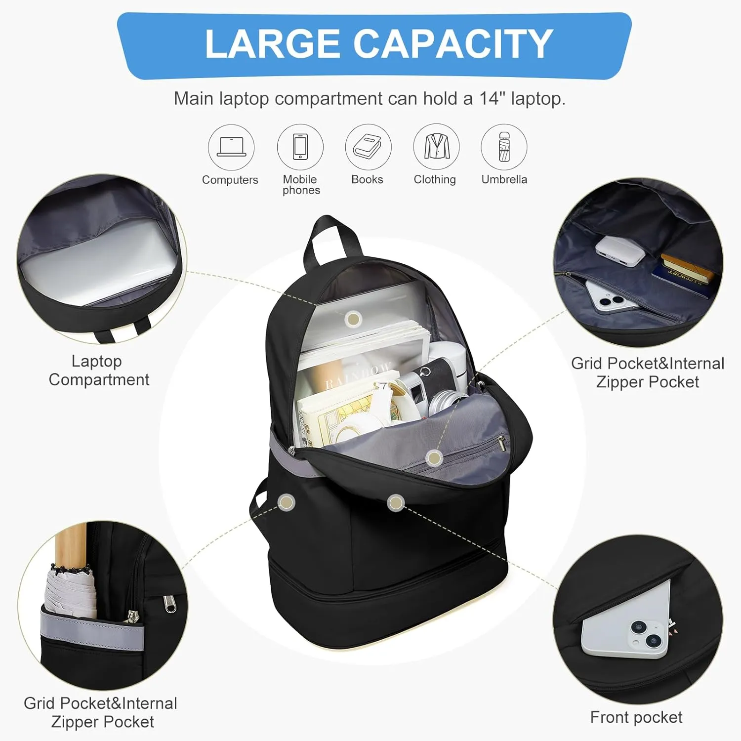 coofay Black Gym Backpack For Women Men Travel Backpack With Shoe Compartment Waterproof Sports Bag Gym Bag Dance Backpacks For Dancers