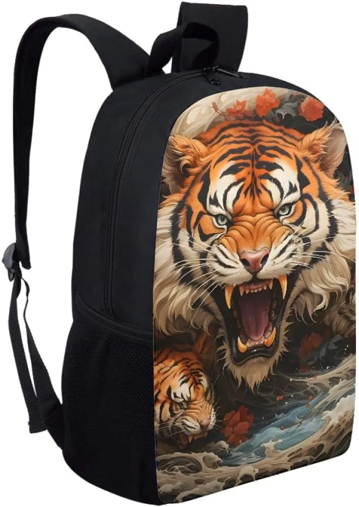 Cool Fire Ice Wolf Printed School Backpacks for Boys Girls Casual Lightweight Daypack Bookbag Travel Knapsack,Anger Tiger