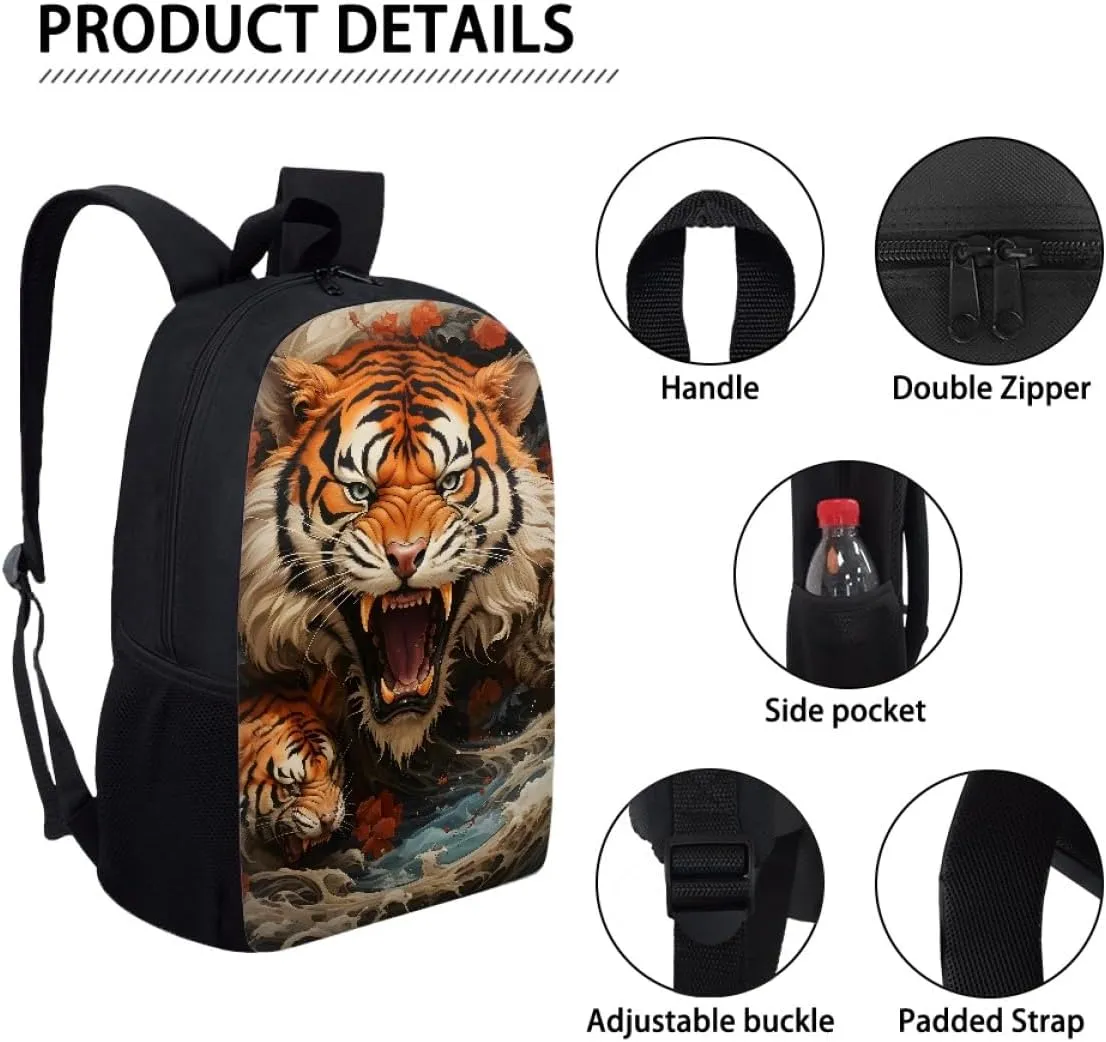 Cool Fire Ice Wolf Printed School Backpacks for Boys Girls Casual Lightweight Daypack Bookbag Travel Knapsack,Anger Tiger