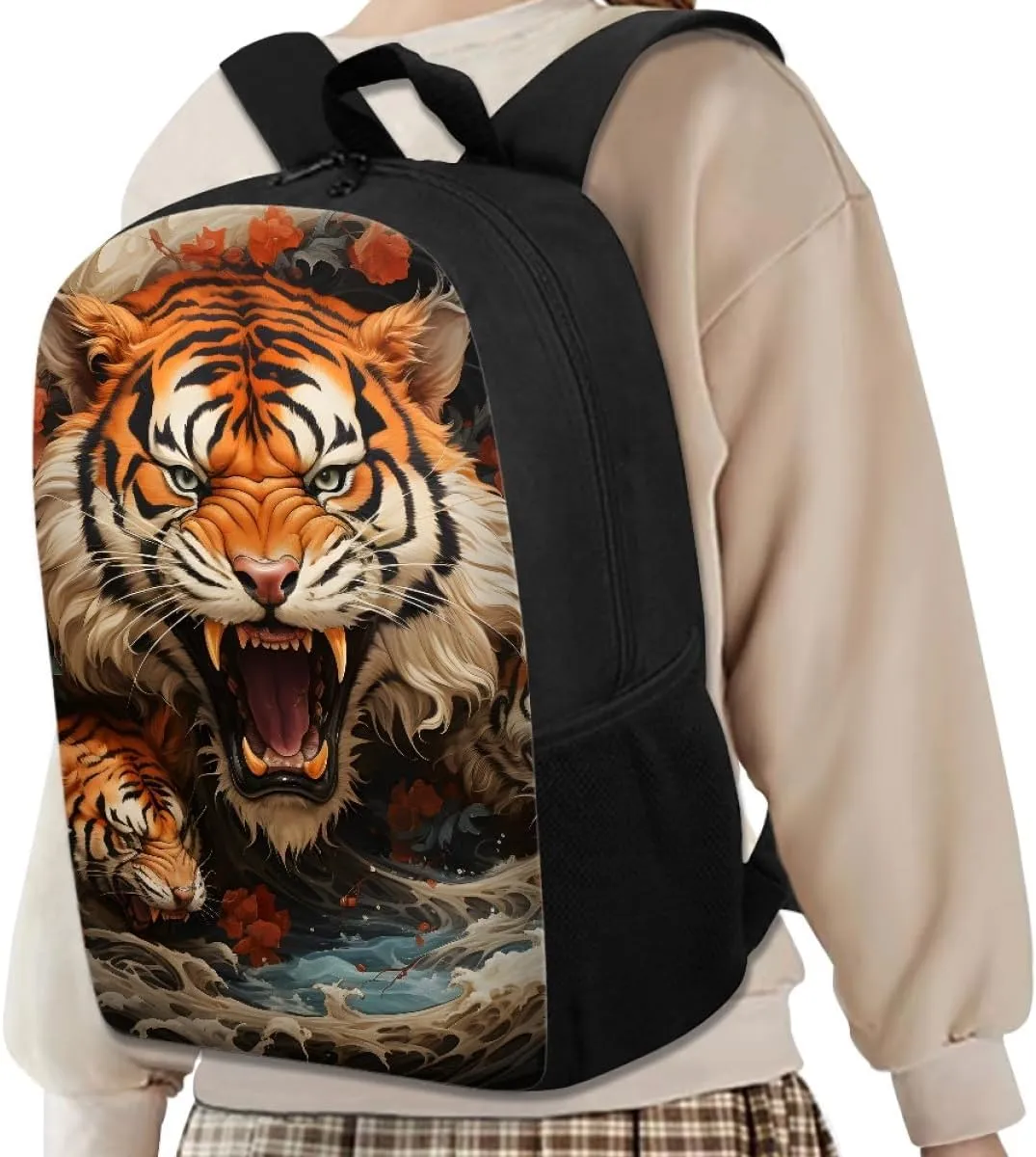 Cool Fire Ice Wolf Printed School Backpacks for Boys Girls Casual Lightweight Daypack Bookbag Travel Knapsack,Anger Tiger