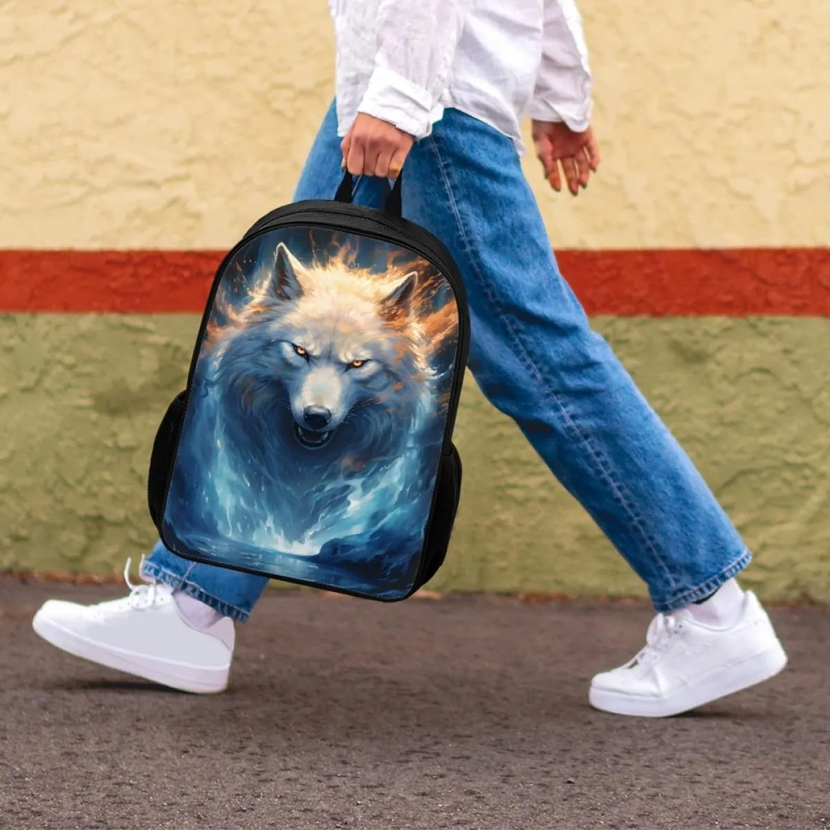 Cool Fire Ice Wolf Printed School Backpacks for Boys Girls Casual Lightweight Daypack Bookbag Travel Knapsack,Ice Fire Wolf