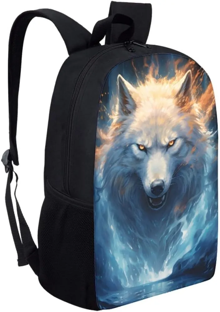 Cool Fire Ice Wolf Printed School Backpacks for Boys Girls Casual Lightweight Daypack Bookbag Travel Knapsack,Ice Fire Wolf