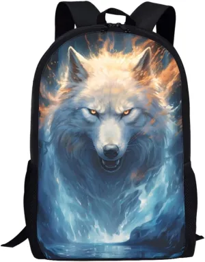 Cool Fire Ice Wolf Printed School Backpacks for Boys Girls Casual Lightweight Daypack Bookbag Travel Knapsack,Ice Fire Wolf