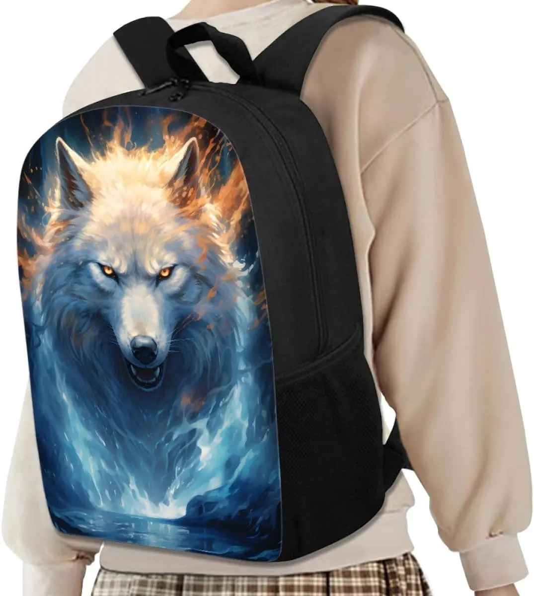 Cool Fire Ice Wolf Printed School Backpacks for Boys Girls Casual Lightweight Daypack Bookbag Travel Knapsack,Ice Fire Wolf