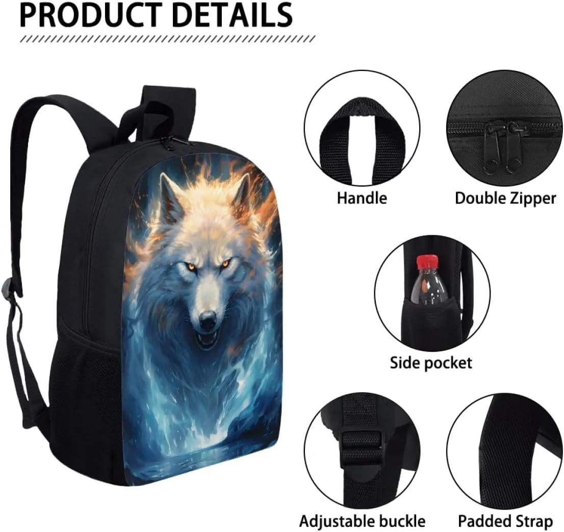 Cool Fire Ice Wolf Printed School Backpacks for Boys Girls Casual Lightweight Daypack Bookbag Travel Knapsack,Ice Fire Wolf