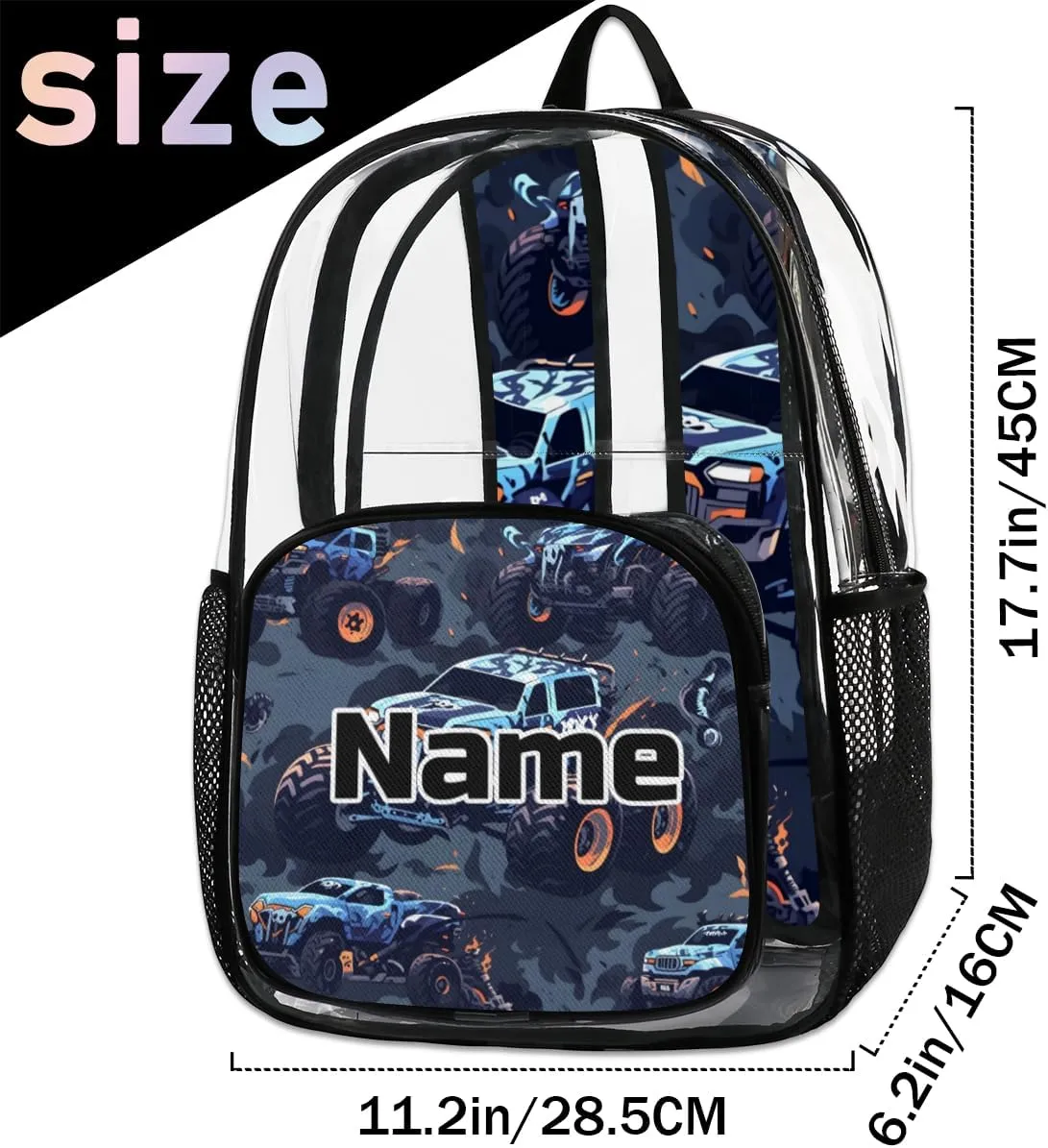 Cool Monster Truck Personalized Clear Backpack Custom Large Clear Backpack Heavy Duty PVC Transparent Backpack with Reinforced Strap for Work Travel