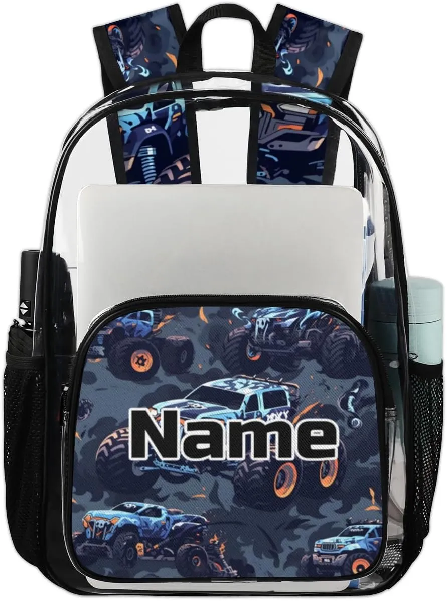 Cool Monster Truck Personalized Clear Backpack Custom Large Clear Backpack Heavy Duty PVC Transparent Backpack with Reinforced Strap for Work Travel