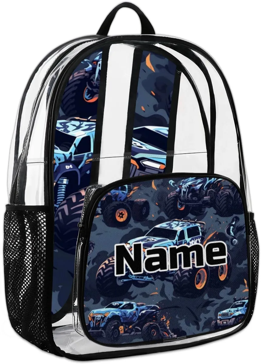 Cool Monster Truck Personalized Clear Backpack Custom Large Clear Backpack Heavy Duty PVC Transparent Backpack with Reinforced Strap for Work Travel