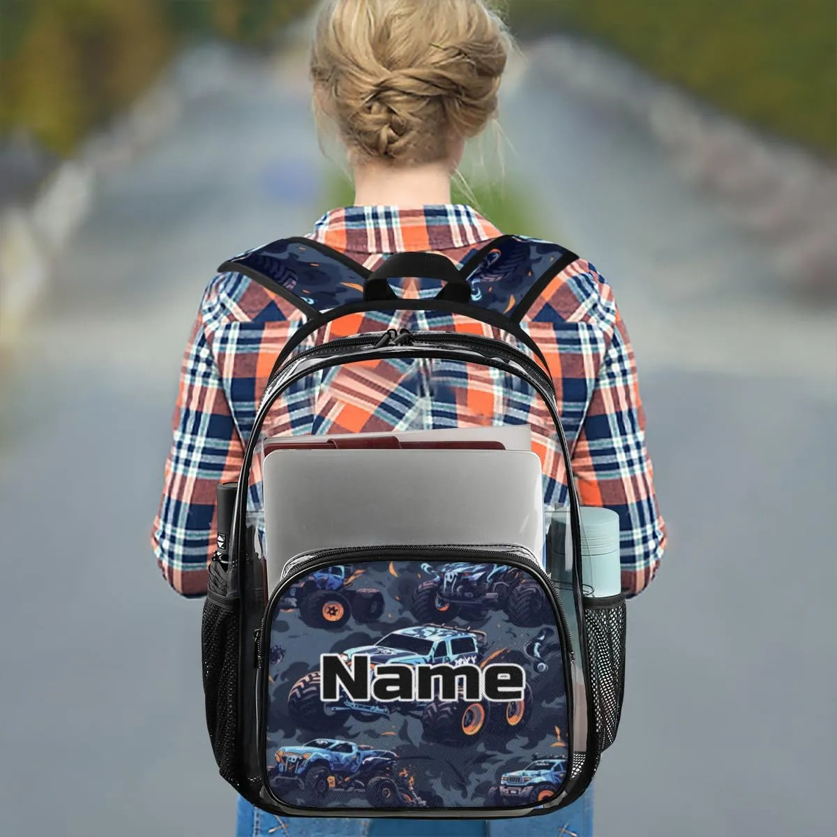 Cool Monster Truck Personalized Clear Backpack Custom Large Clear Backpack Heavy Duty PVC Transparent Backpack with Reinforced Strap for Work Travel