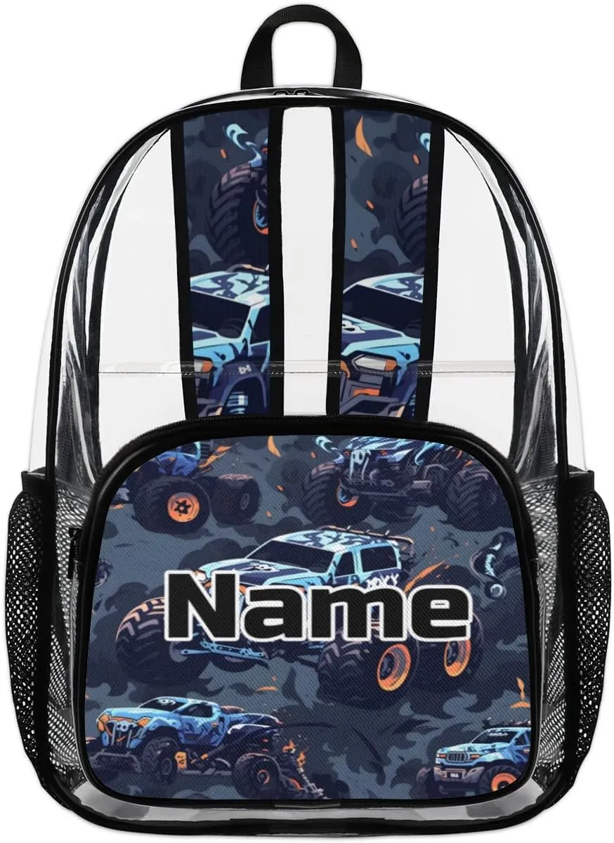 Cool Monster Truck Personalized Clear Backpack Custom Large Clear Backpack Heavy Duty PVC Transparent Backpack with Reinforced Strap for Work Travel
