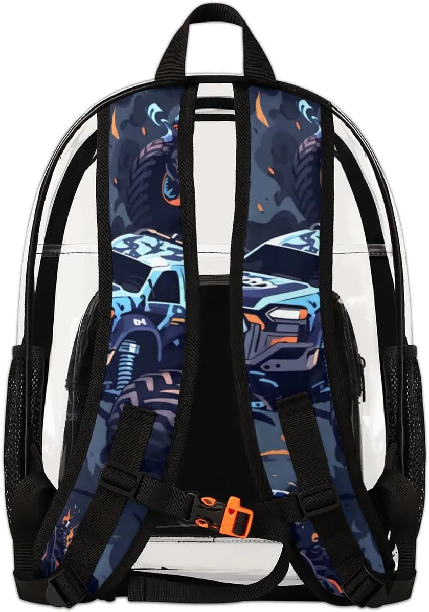 Cool Monster Truck Personalized Clear Backpack Custom Large Clear Backpack Heavy Duty PVC Transparent Backpack with Reinforced Strap for Work Travel
