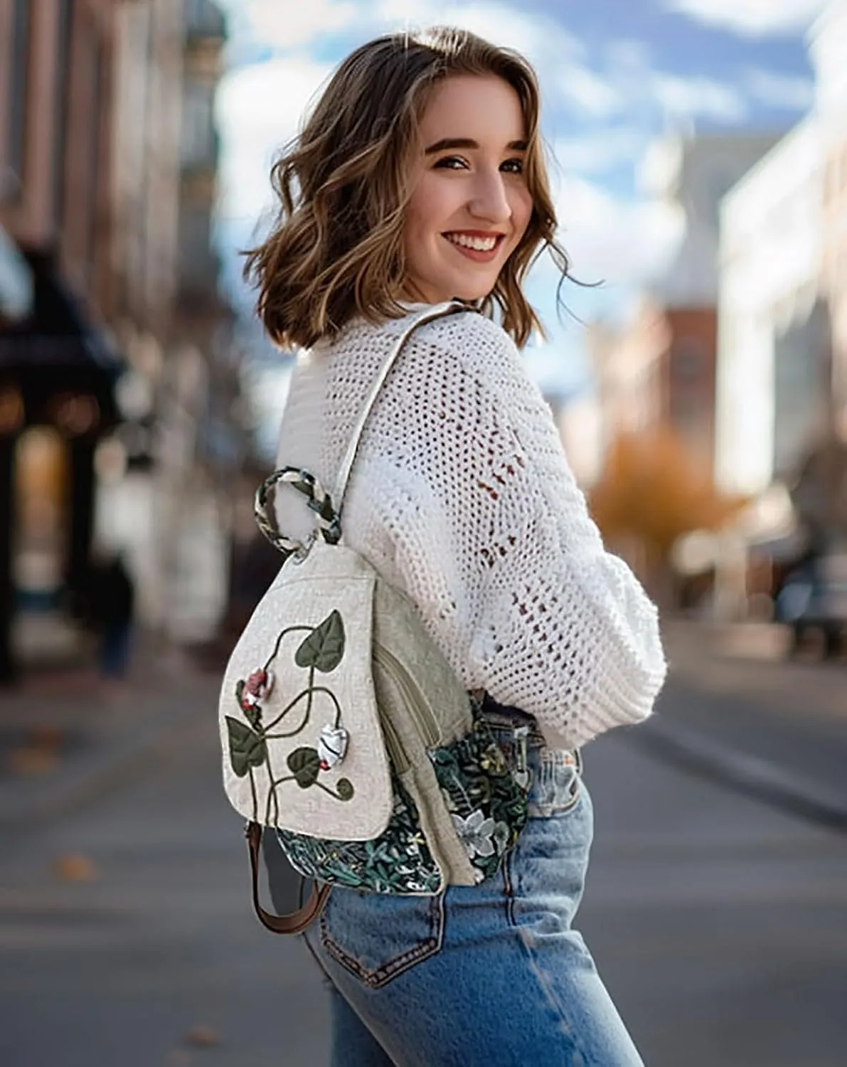 Cotton Small Backpack Purse Fashion Hand Knitting Mini Casual Chest Bag for Women(bud)