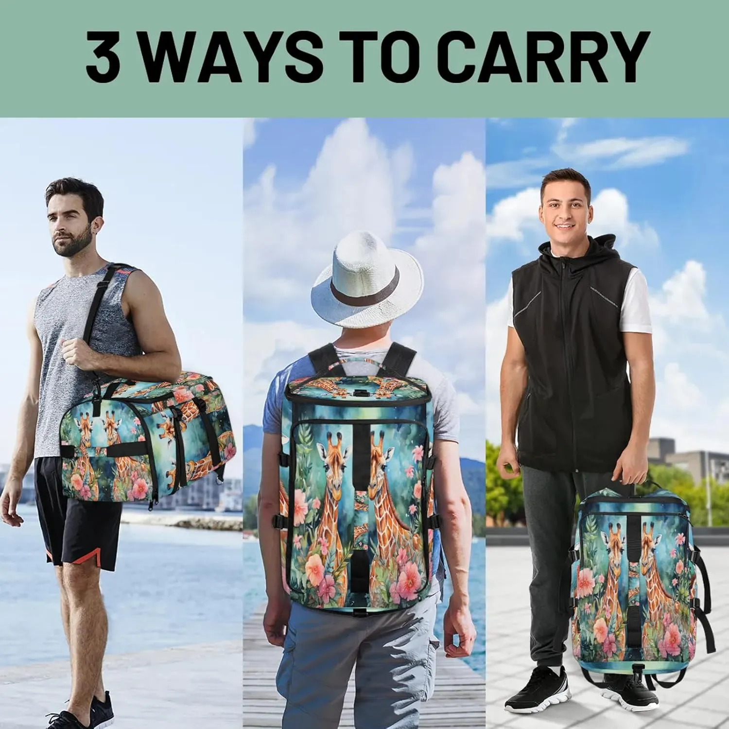 Couple Giraffes Gym Duffle Bag Backpack Waterproof Sports Bags with Shoe Compartment 48L Carry On Overnight Weekender Travel Luggage