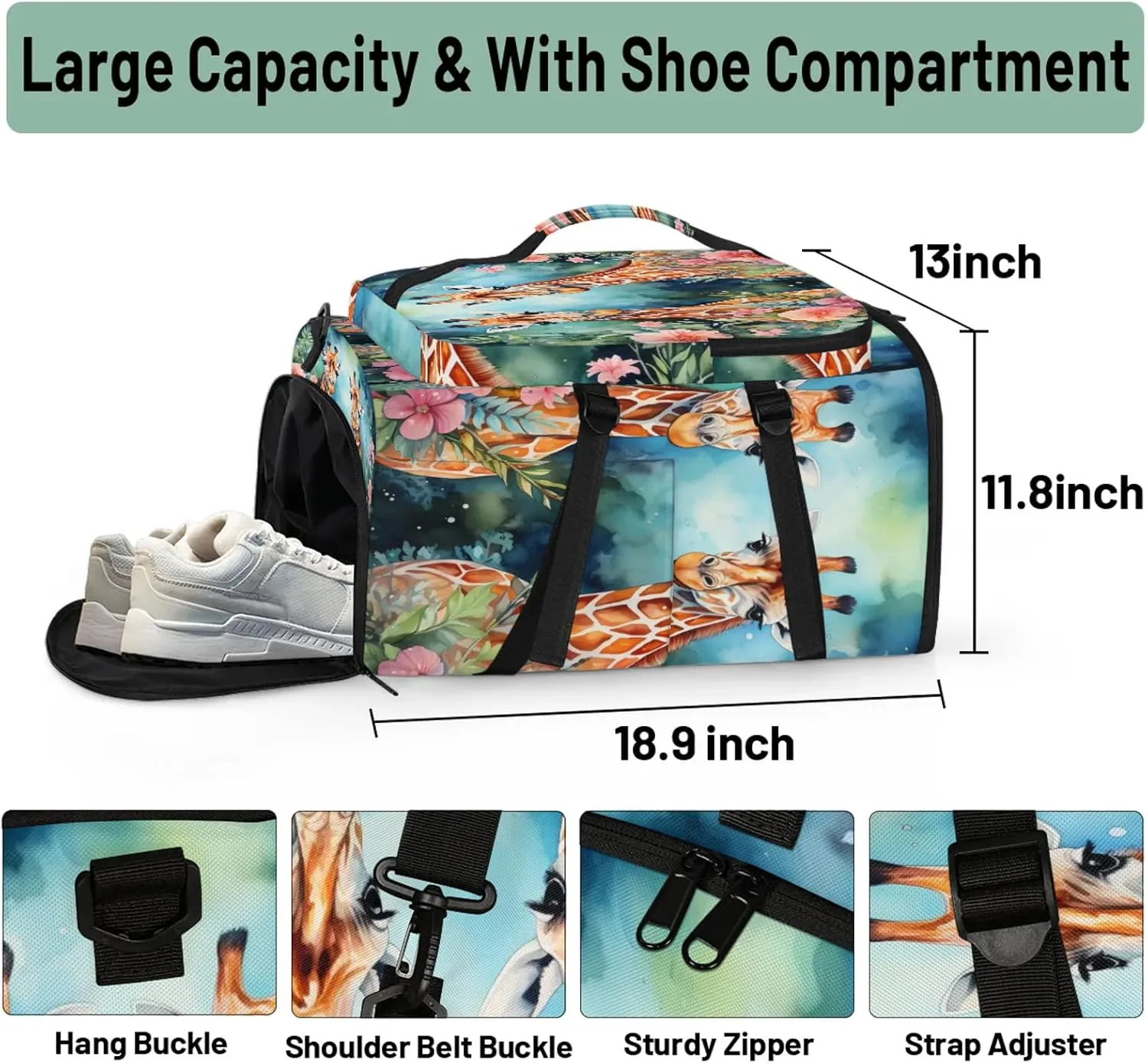 Couple Giraffes Gym Duffle Bag Backpack Waterproof Sports Bags with Shoe Compartment 48L Carry On Overnight Weekender Travel Luggage