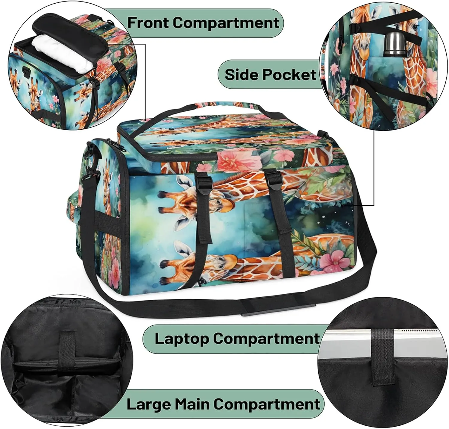 Couple Giraffes Gym Duffle Bag Backpack Waterproof Sports Bags with Shoe Compartment 48L Carry On Overnight Weekender Travel Luggage