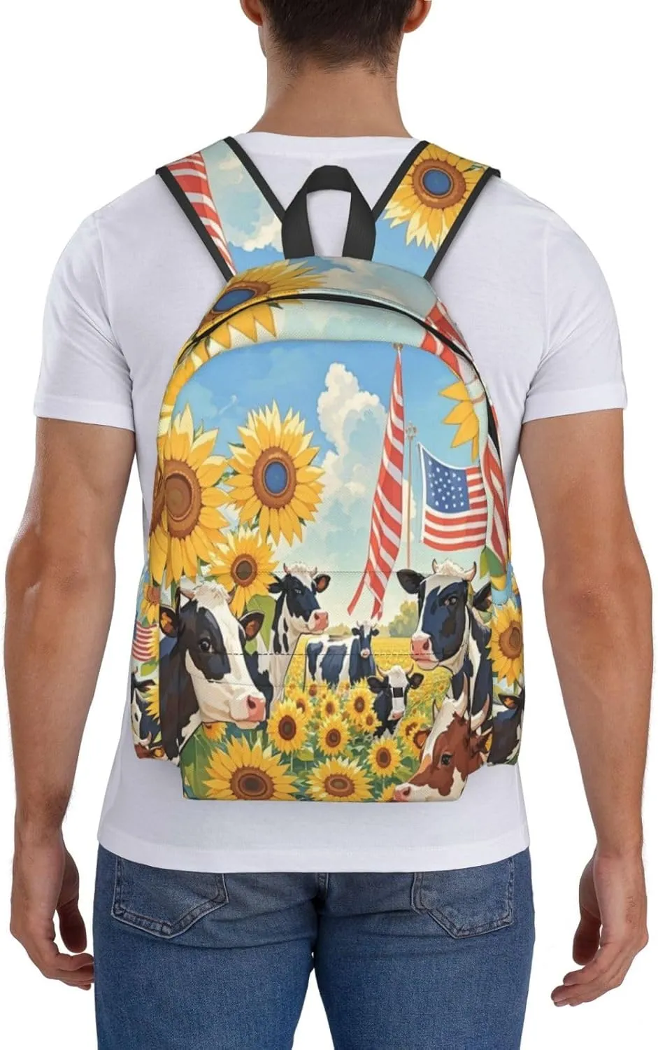 Cows in Sunflower Field with American Flag Adult Backpacks 16 Inch Laptop Backpack Double Shoulder Bag for Work Travel Gifts