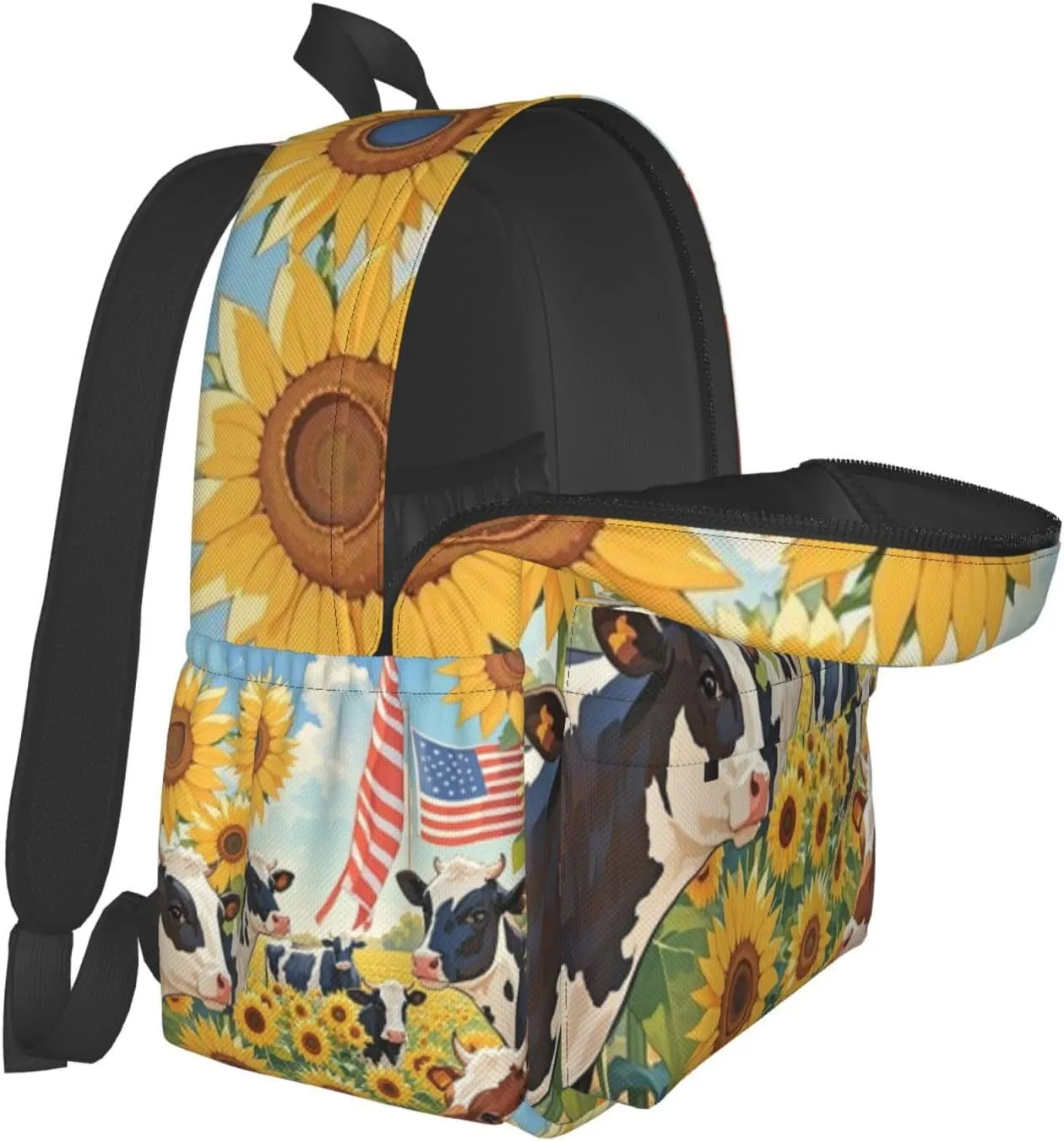 Cows in Sunflower Field with American Flag Adult Backpacks 16 Inch Laptop Backpack Double Shoulder Bag for Work Travel Gifts