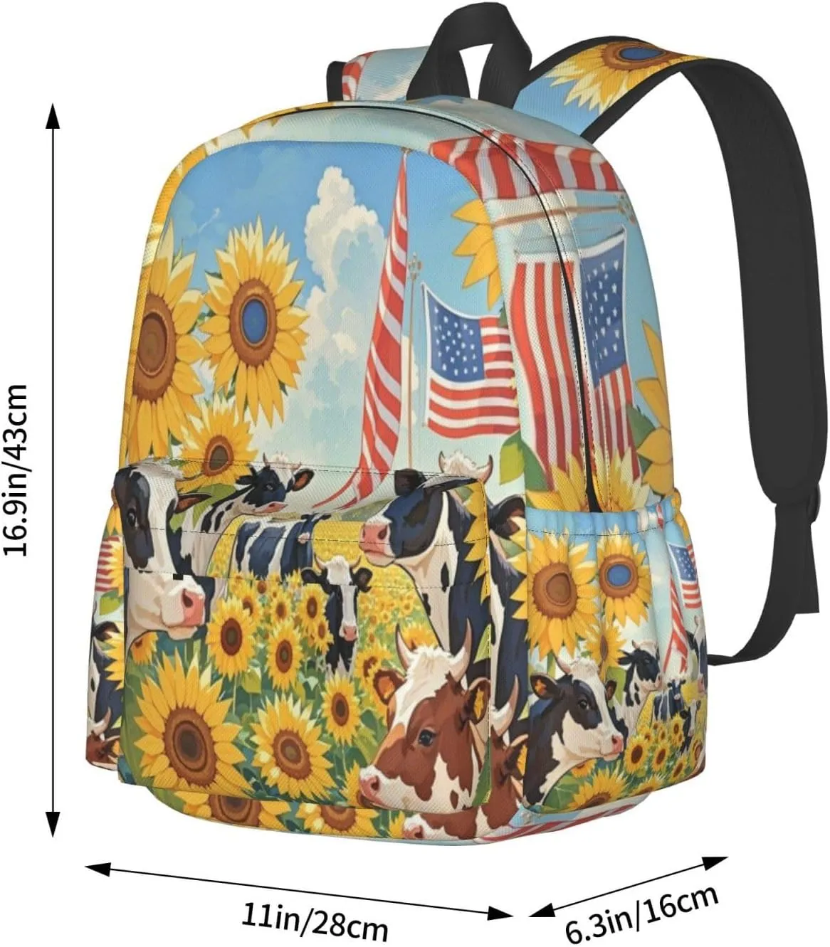 Cows in Sunflower Field with American Flag Adult Backpacks 16 Inch Laptop Backpack Double Shoulder Bag for Work Travel Gifts
