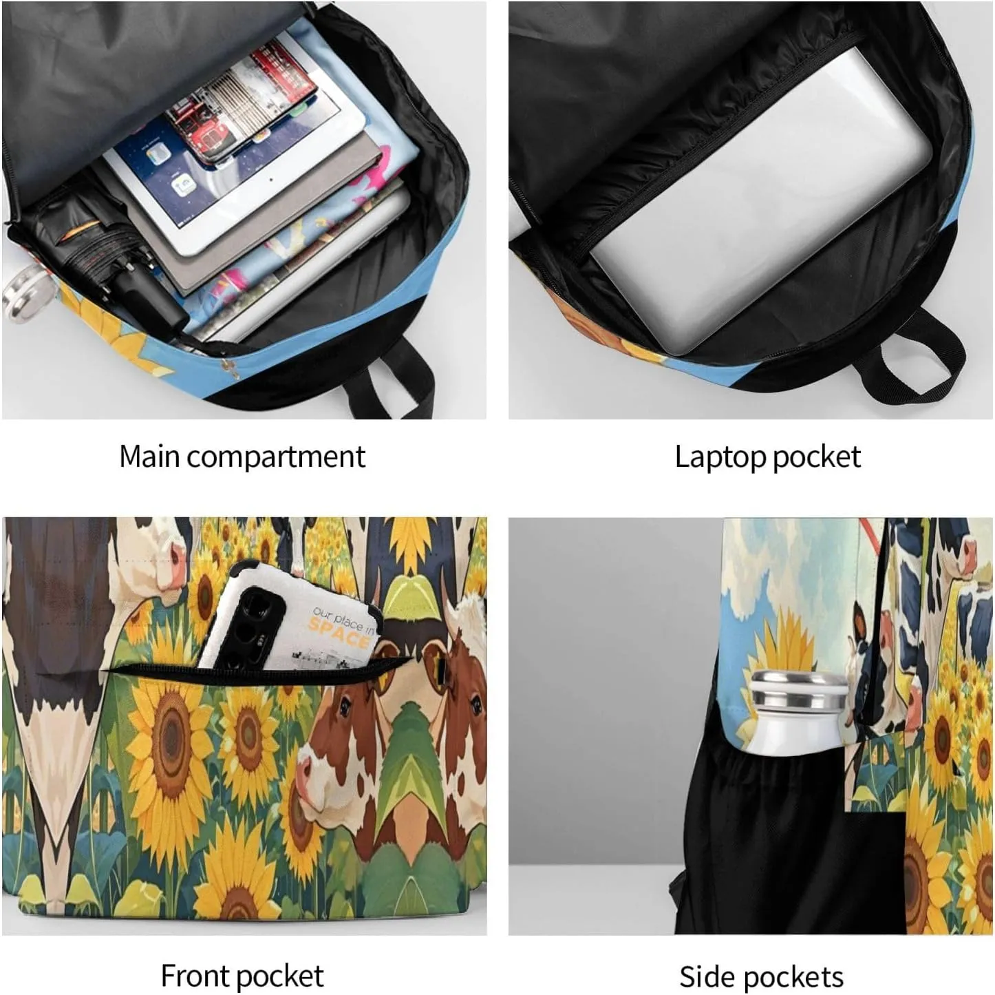 Cows in Sunflower Field with American Flag Adult Backpacks 16 Inch Laptop Backpack Double Shoulder Bag for Work Travel Gifts
