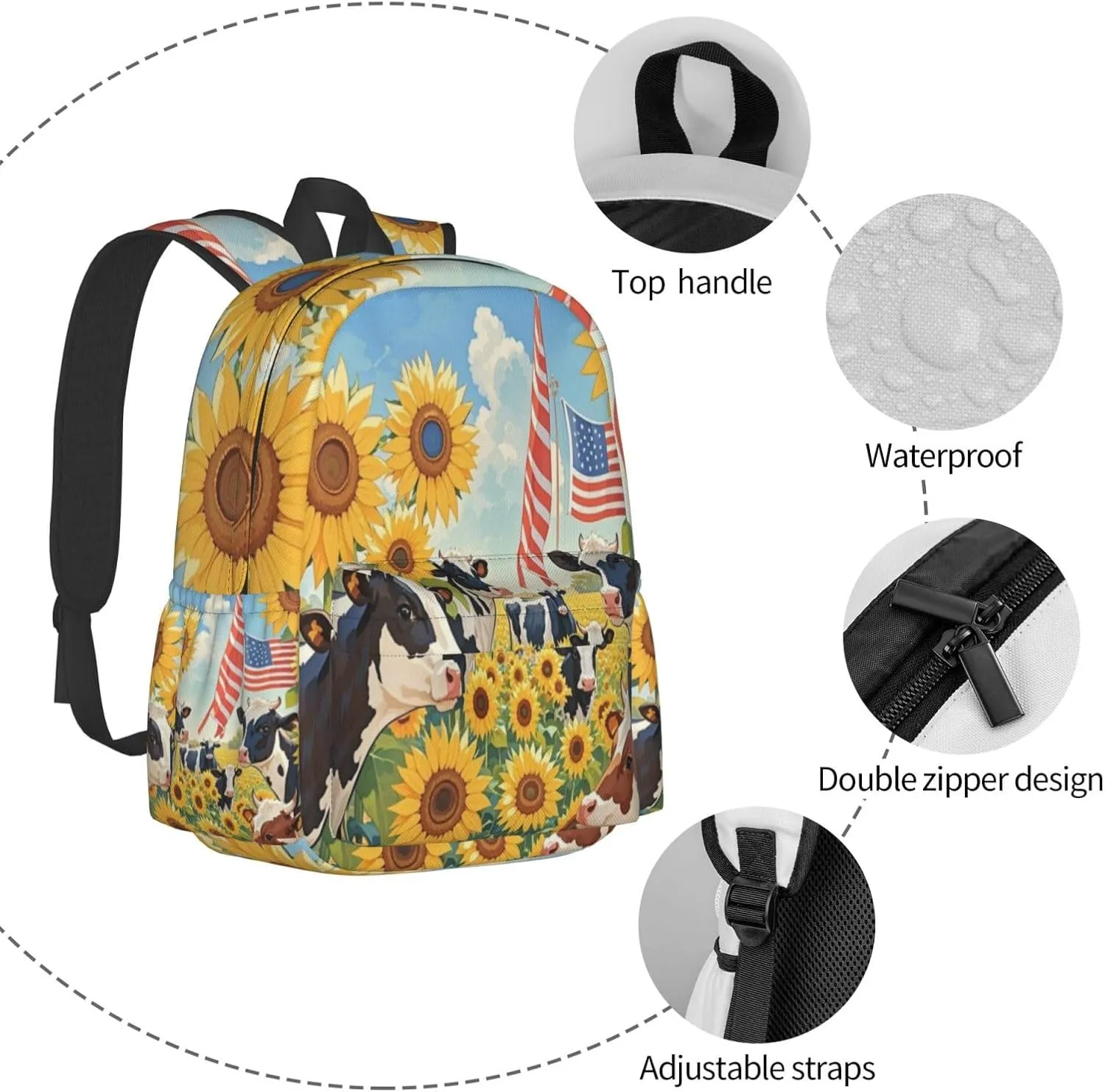Cows in Sunflower Field with American Flag Adult Backpacks 16 Inch Laptop Backpack Double Shoulder Bag for Work Travel Gifts