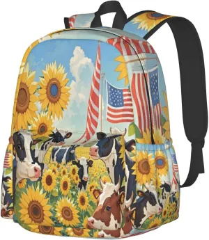 Cows in Sunflower Field with American Flag Adult Backpacks 16 Inch Laptop Backpack Double Shoulder Bag for Work Travel Gifts