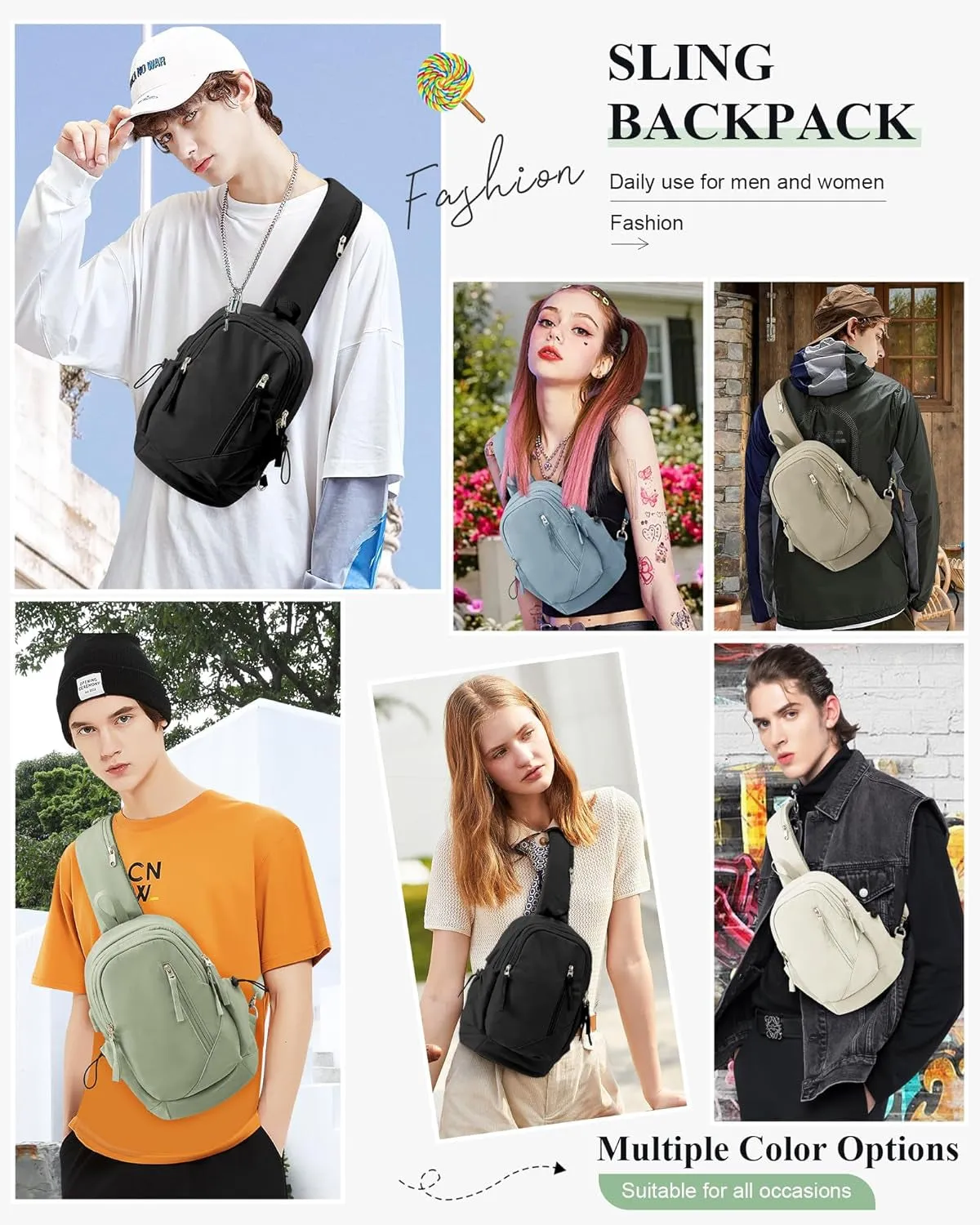 Crossbody Sling Backpacks Sling Bag for Men Women, Shoulder Backpack Chest Bags with USB Charger Port off White