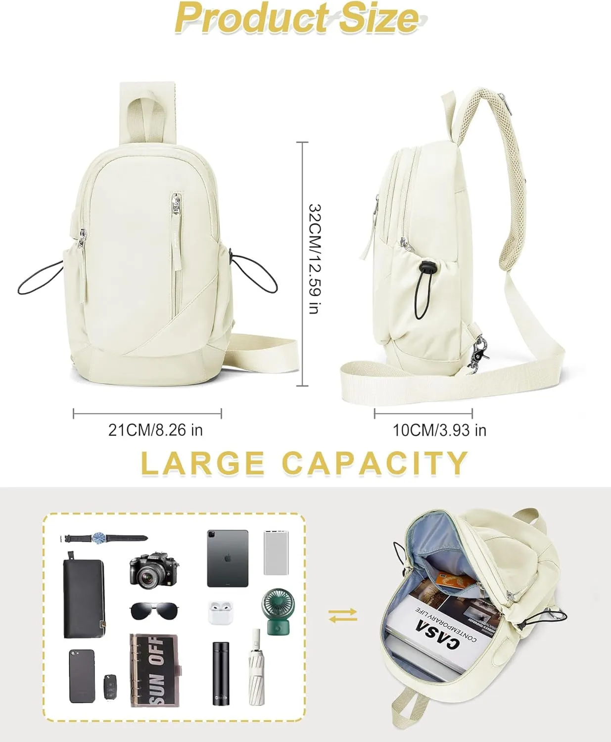 Crossbody Sling Backpacks Sling Bag for Men Women, Shoulder Backpack Chest Bags with USB Charger Port off White