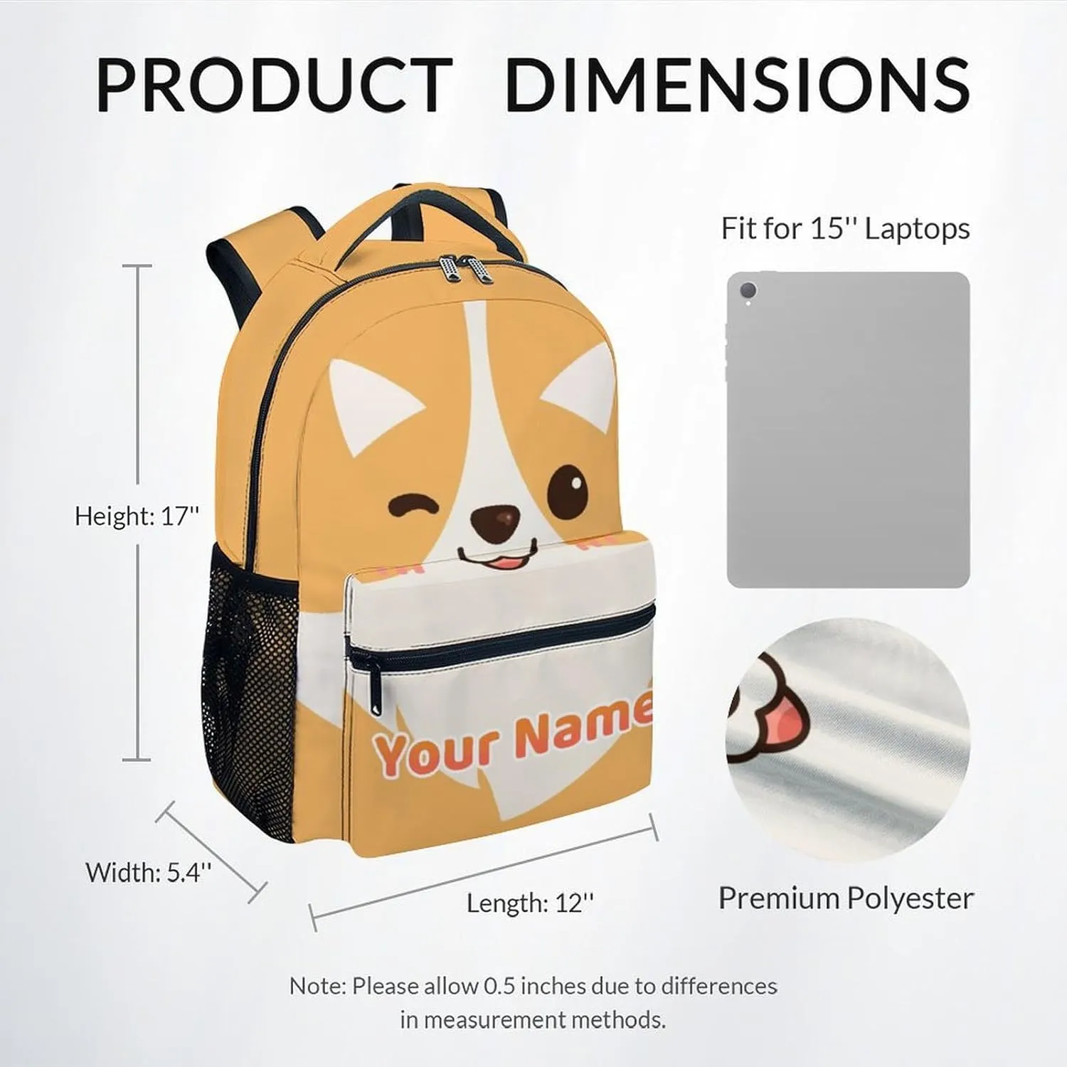 Custom Backpack - Cute Corgi Backpack for Kids - 17 Inch Animal Bookbag for Preschool Primary School - School Supplies