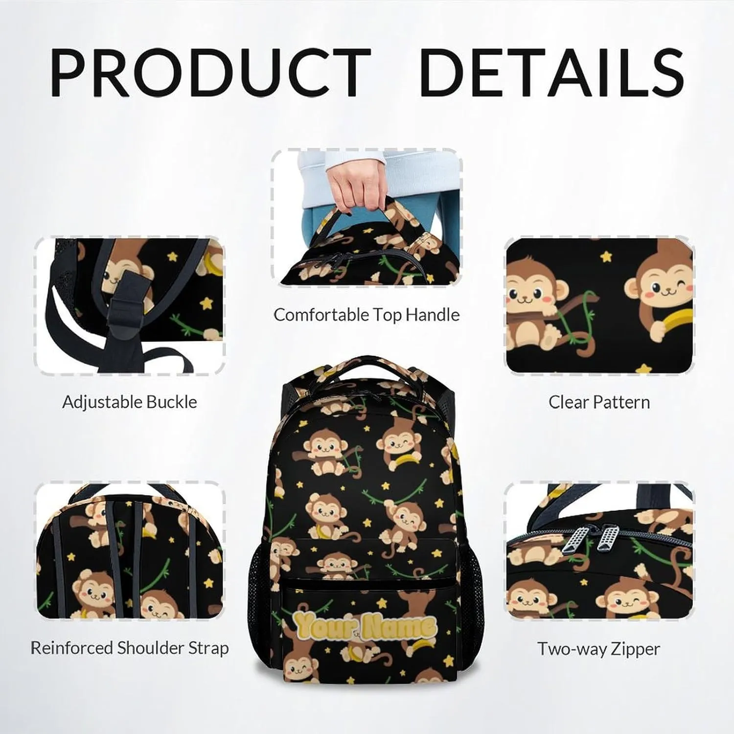 Custom Backpack - Cute Monkey Travel Backpack for Kids - 17 Inch Cartoon Bookbag for Elementary Primary School - Back to School Supplies