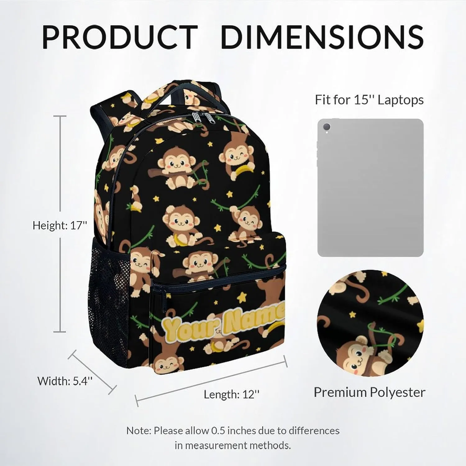 Custom Backpack - Cute Monkey Travel Backpack for Kids - 17 Inch Cartoon Bookbag for Elementary Primary School - Back to School Supplies