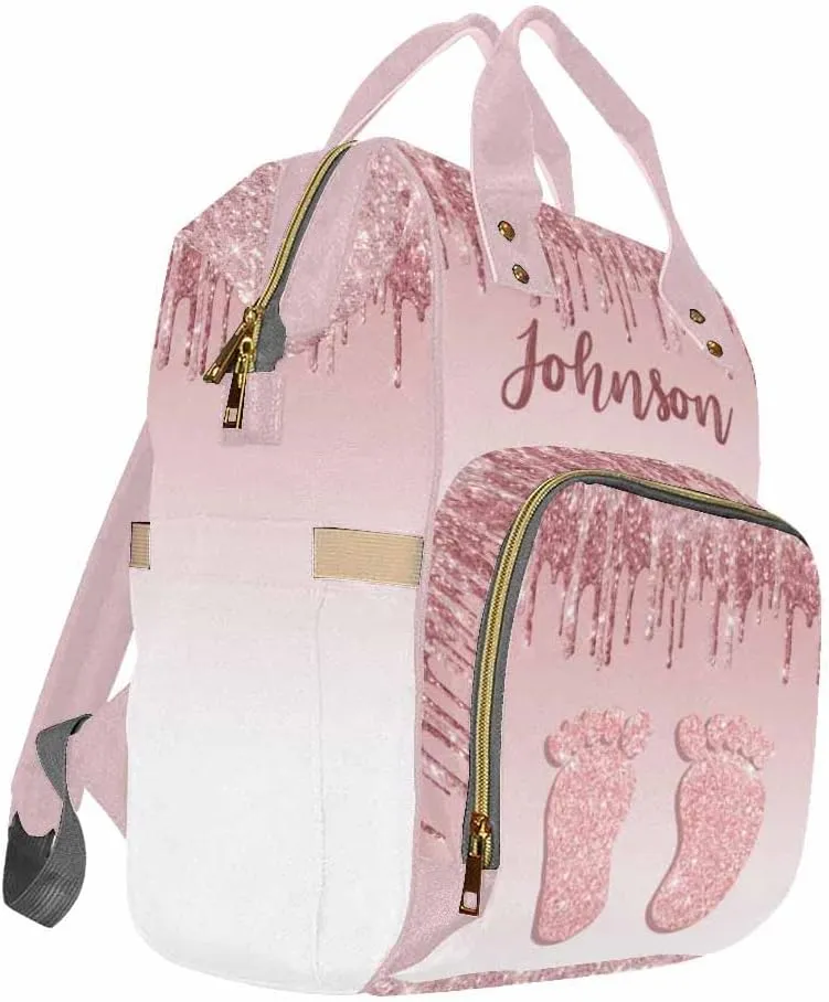 Custom Diaper Bag Backpack Personalized Glitter Drips Rose Gold Feet Backpack with Text Bag Nursing Bags Fashion Shoulders Bag Casual Daypack Travel Multipurpose Bag for Men Women